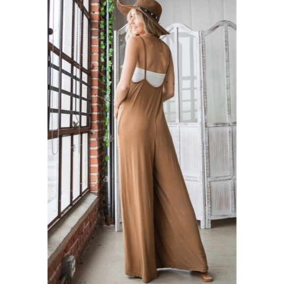 SOLD OUT Camel Bohemian Solid Convertible Oversized Wide Leg Casual Jumpsuit - Picture 4 of 5